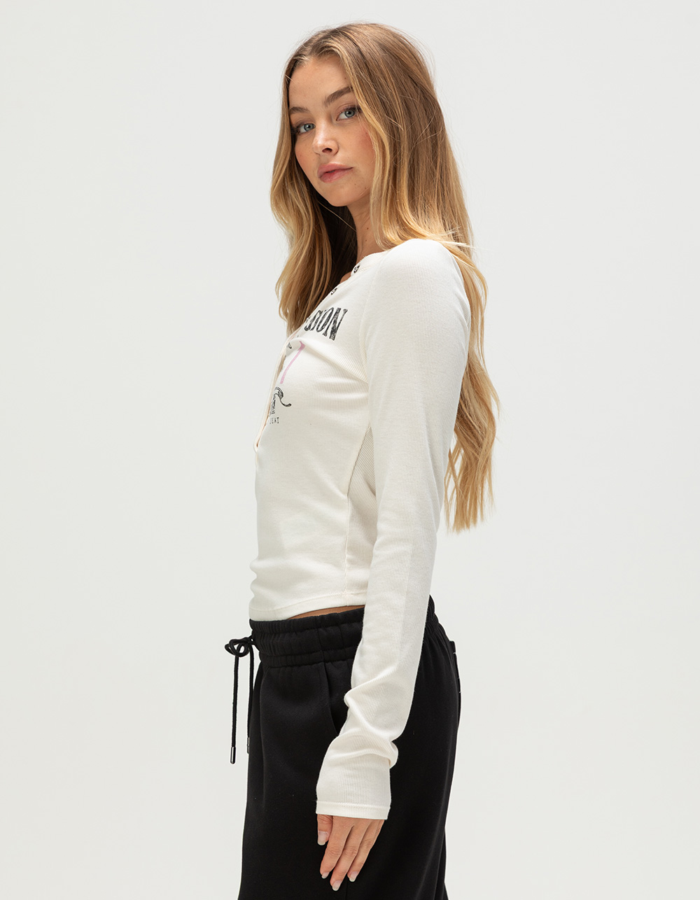 TRUE RELIGION Ribbed Faded Logo Womens Long Sleeve Henley Top - WHITE