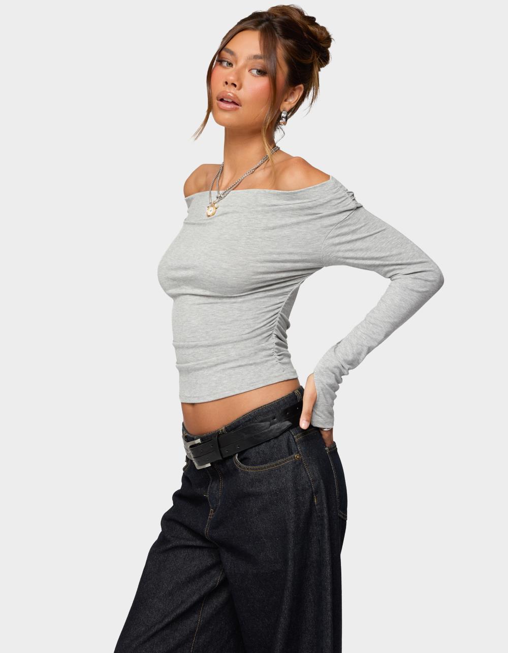 EDIKTED Milane Ruched Off Shoulder Ribbed Top - GRAY