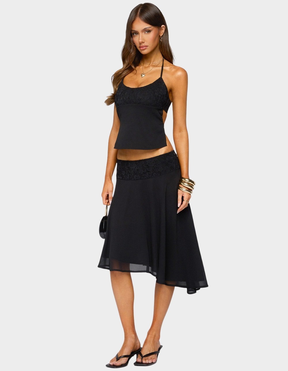 EDIKTED Evia Lacey Asymmetric Midi Skirt - BLACK