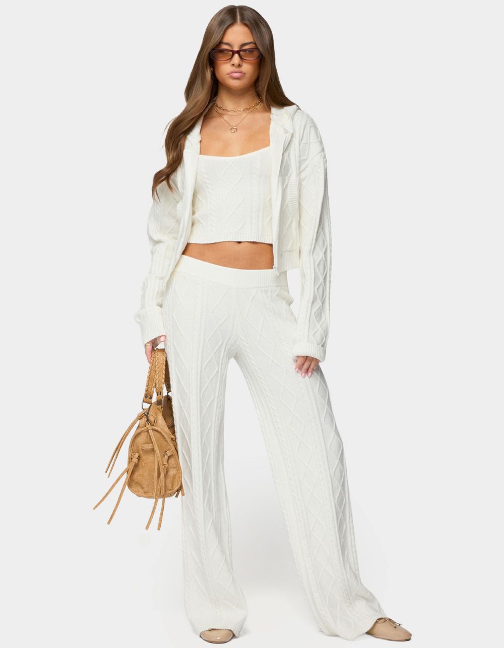EDIKTED Louise Straight Leg Cable Knit Pants - WHITE