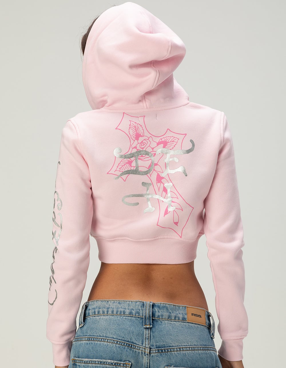 ED HARDY Flame Cross Womens Zip-Up Crop Hoodie - PINK