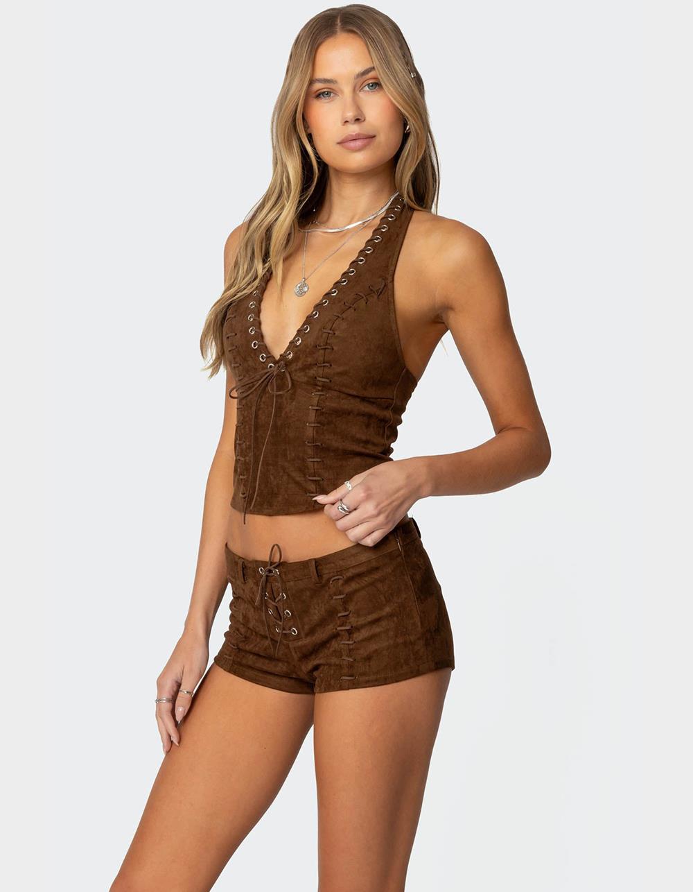 EDIKTED Sloane Faux Suede Halter Top - BROWN
