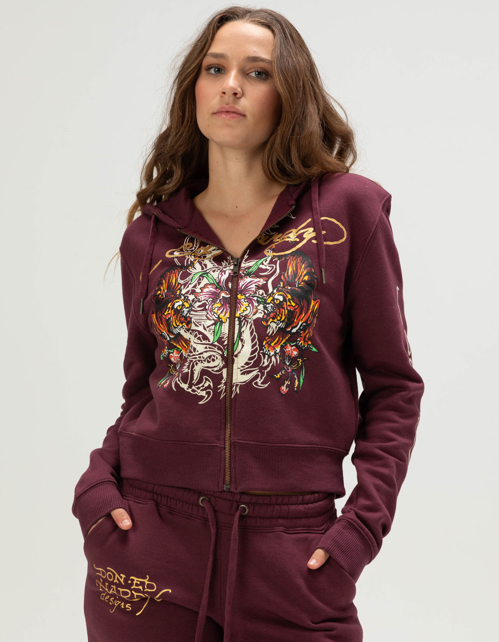 ED HARDY Tigers Womens Zip-Up Hoodie - FIG