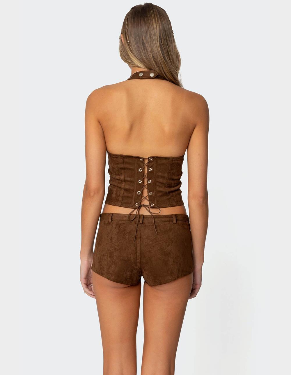 EDIKTED Sloane Faux Suede Halter Top - BROWN