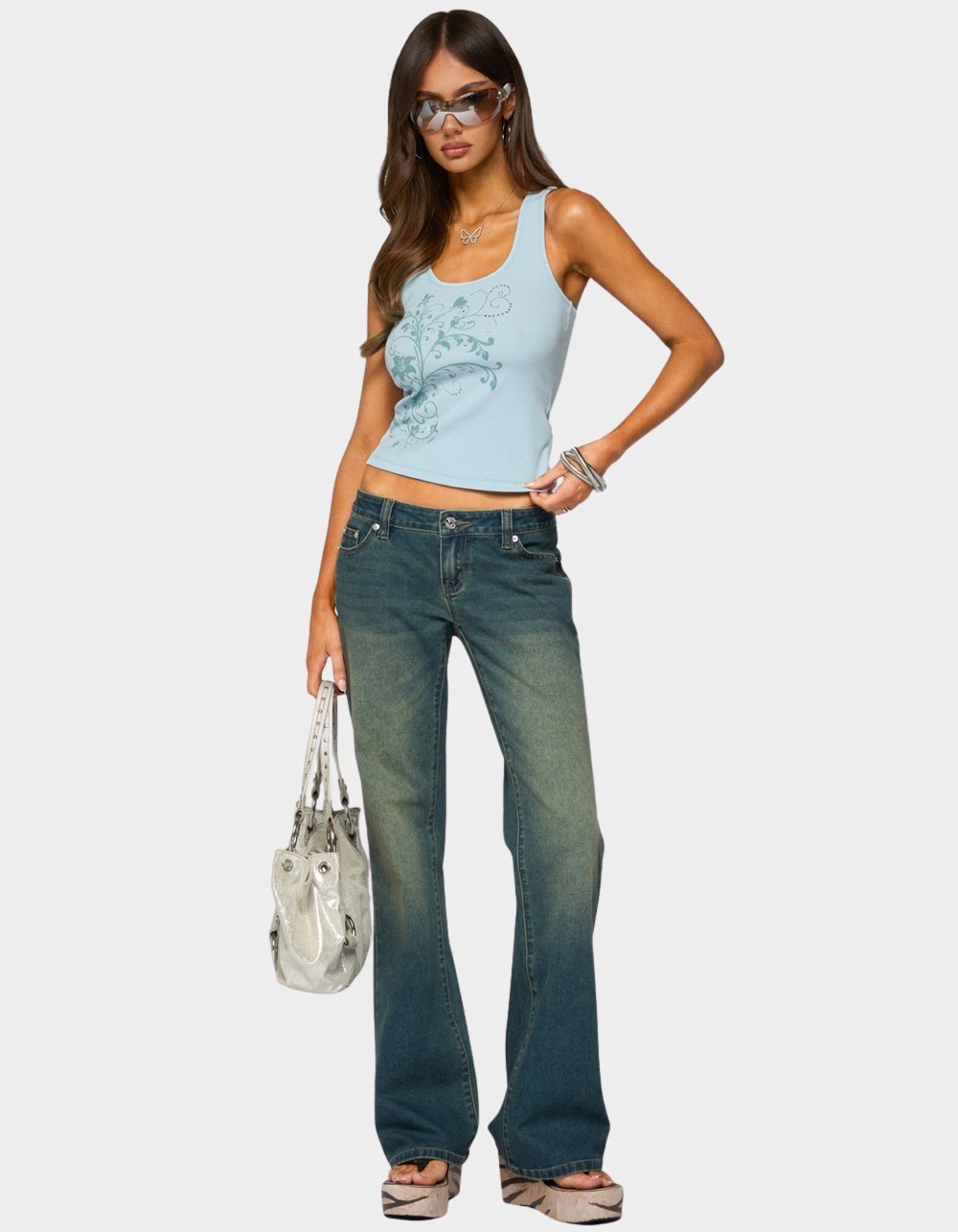 EDIKTED Veila Rhinestone Ribbed Graphic Tank Top - LIGHT BLUE