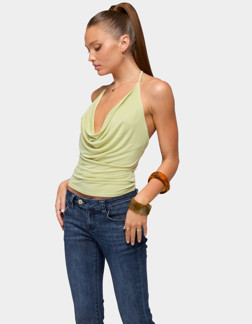 EDIKTED Solena Backless Chain Cowl Neck Top - DK GREEN