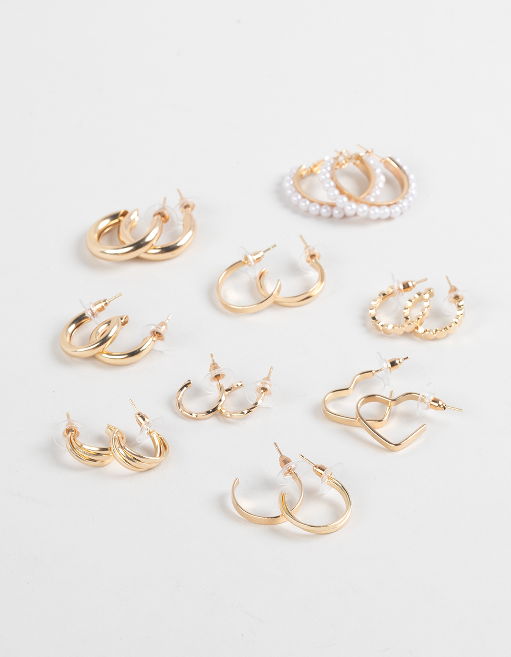 FULL TILT 9 Pack Textured/Pearl Hoop Earrings - GOLD
