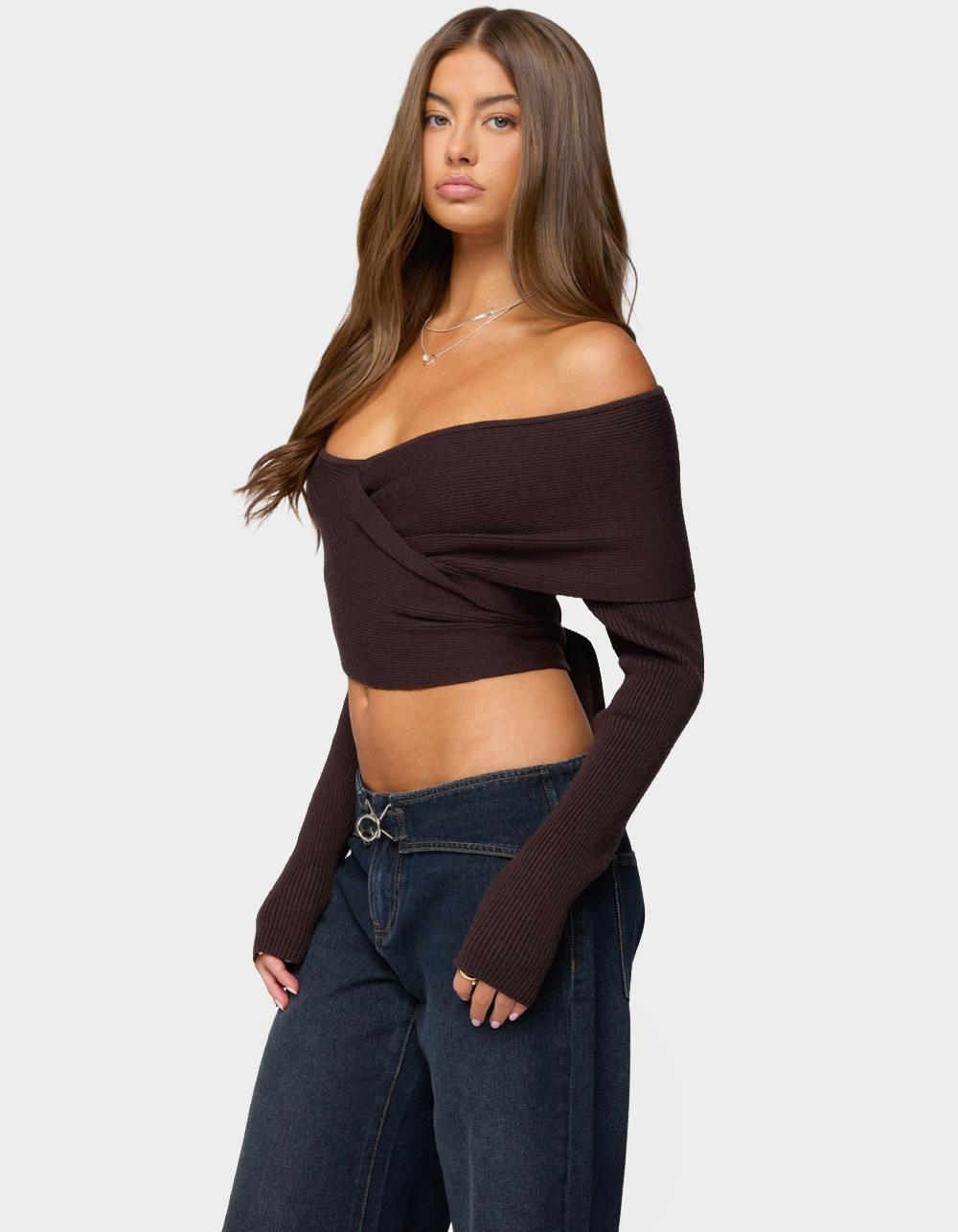 EDIKTED Paulina Off Shoulder Wrap Sweater - BROWN