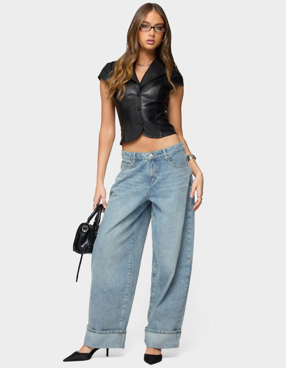 EDIKTED Faux Leather Tailored Button Up Top - BLACK