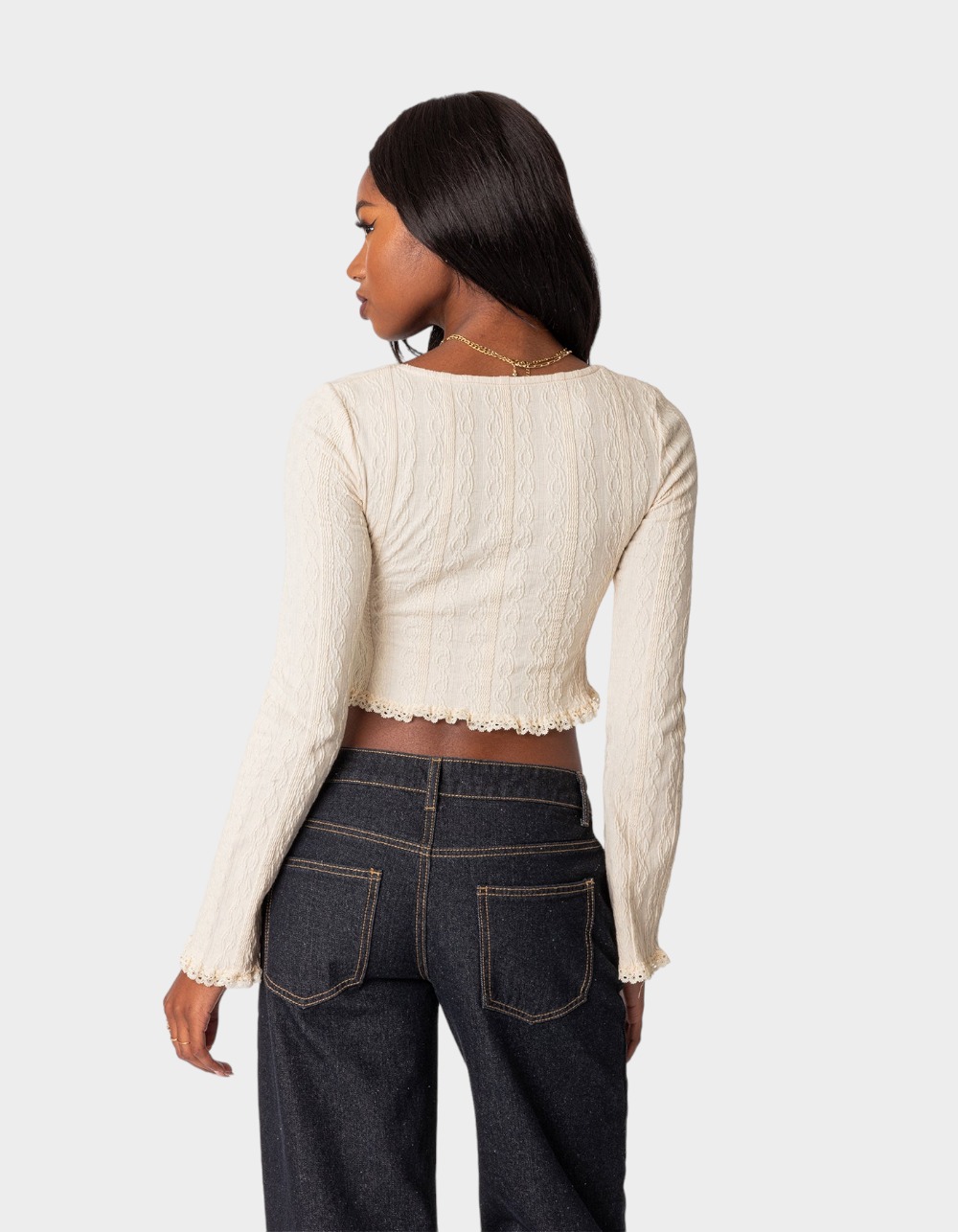 EDIKTED Lacey Long Sleeve Knit Top - BEIGE