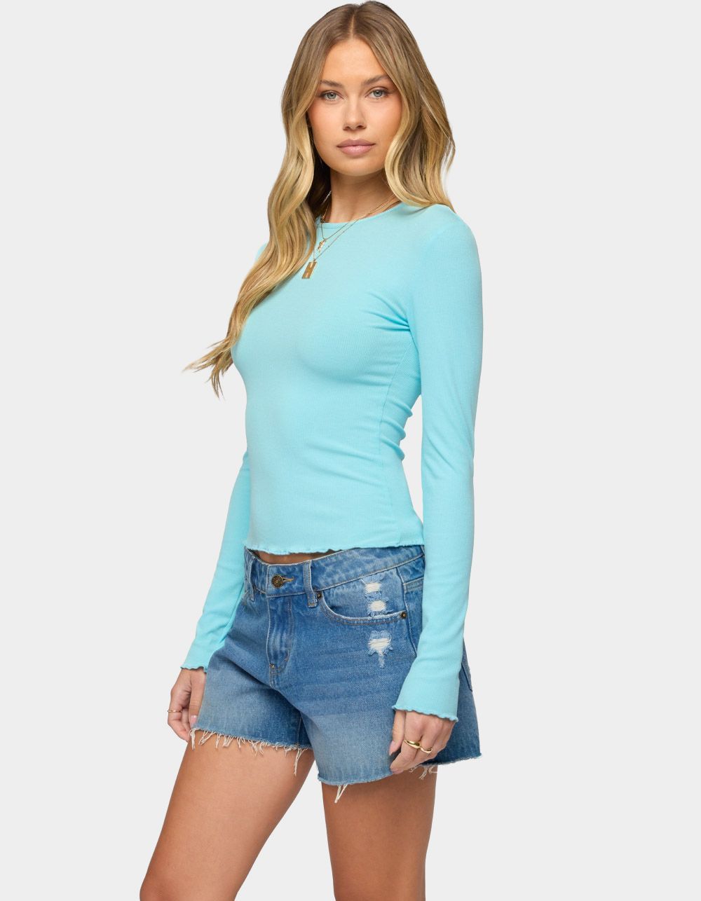 EDIKTED Galah Ribbed Long Sleeve Tee - BLUE