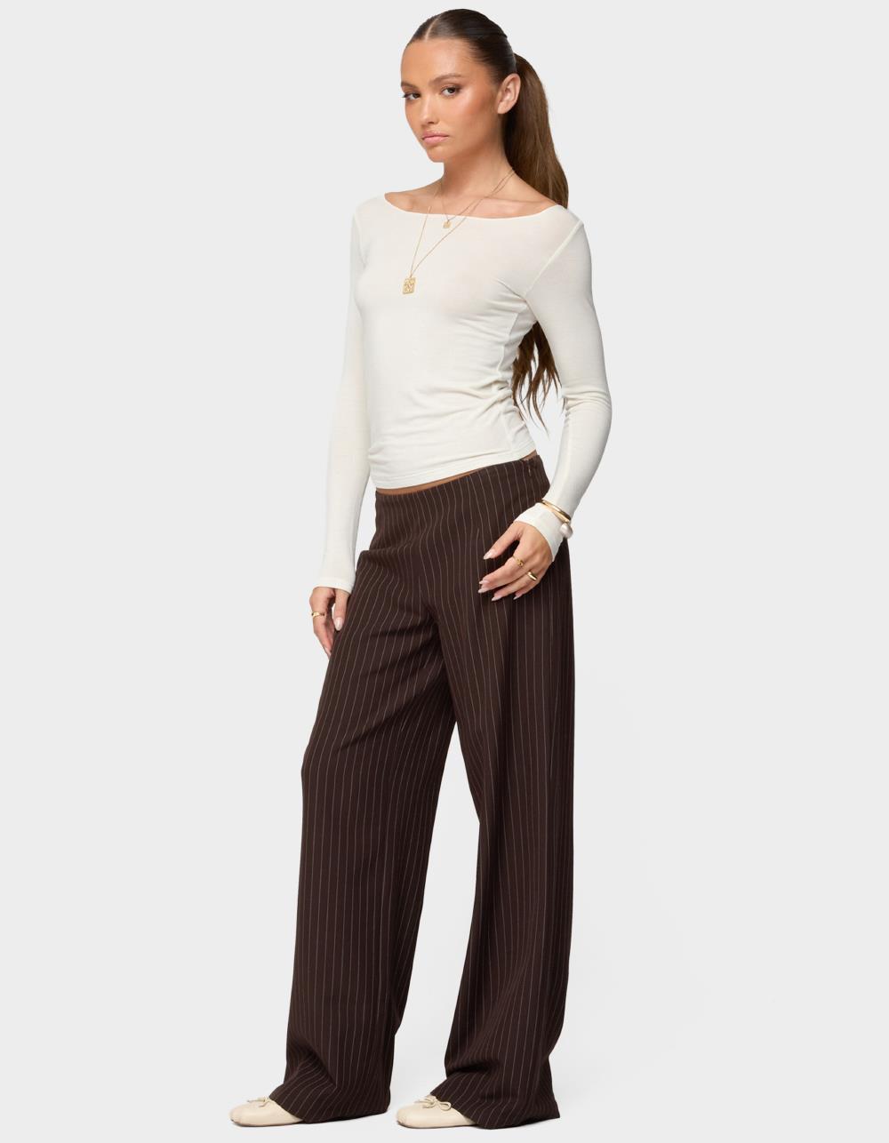 EDIKTED Kerie Pinstripe Low Rise Pants - BROWN
