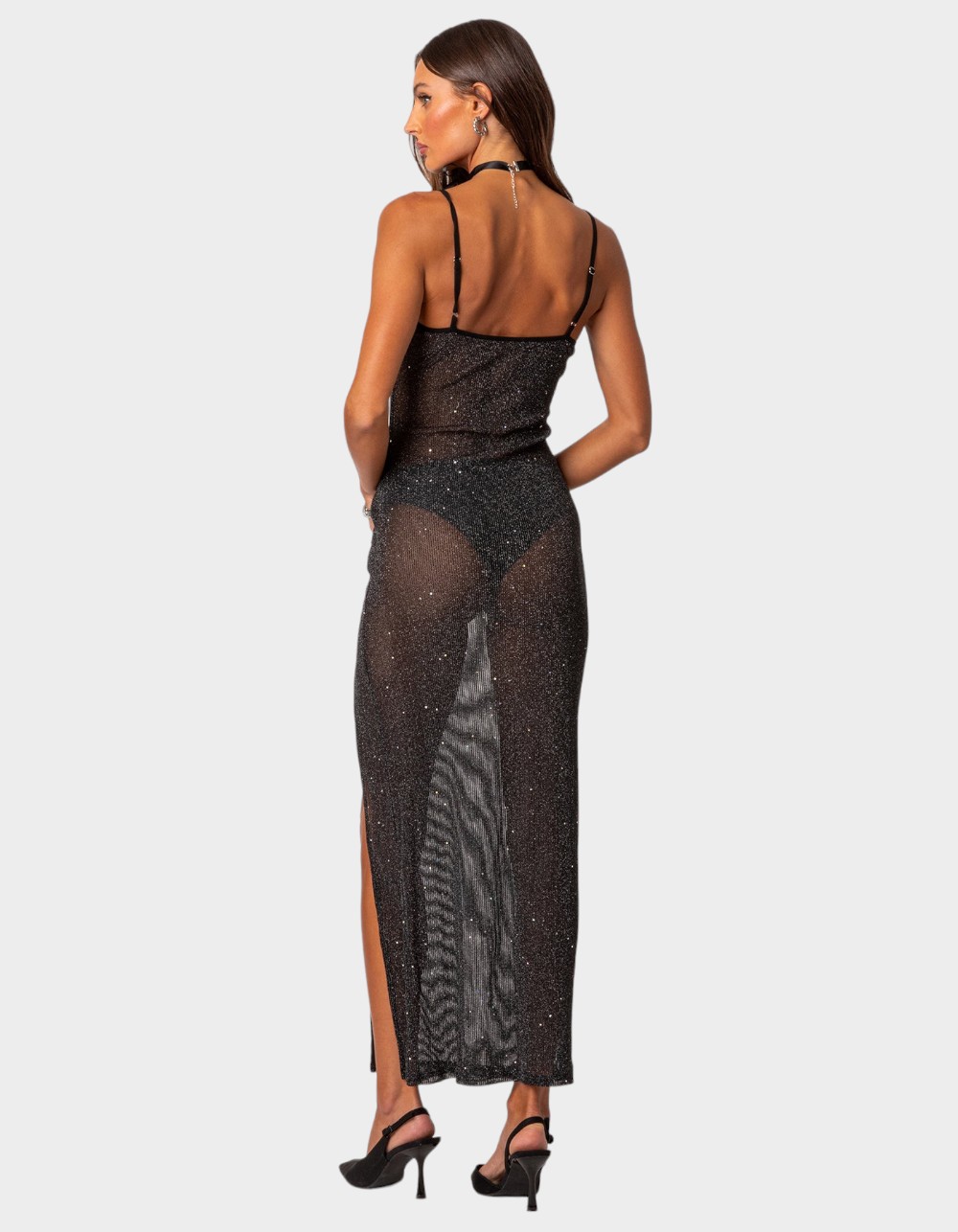 Black Sequin Sheer Slit Maxi Dress on SilkFred