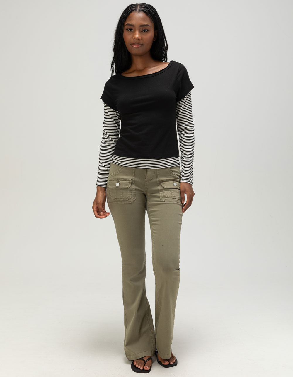 FULL TILT Stripe Womens Long Sleeve 2fer Tee - BLK/WHT