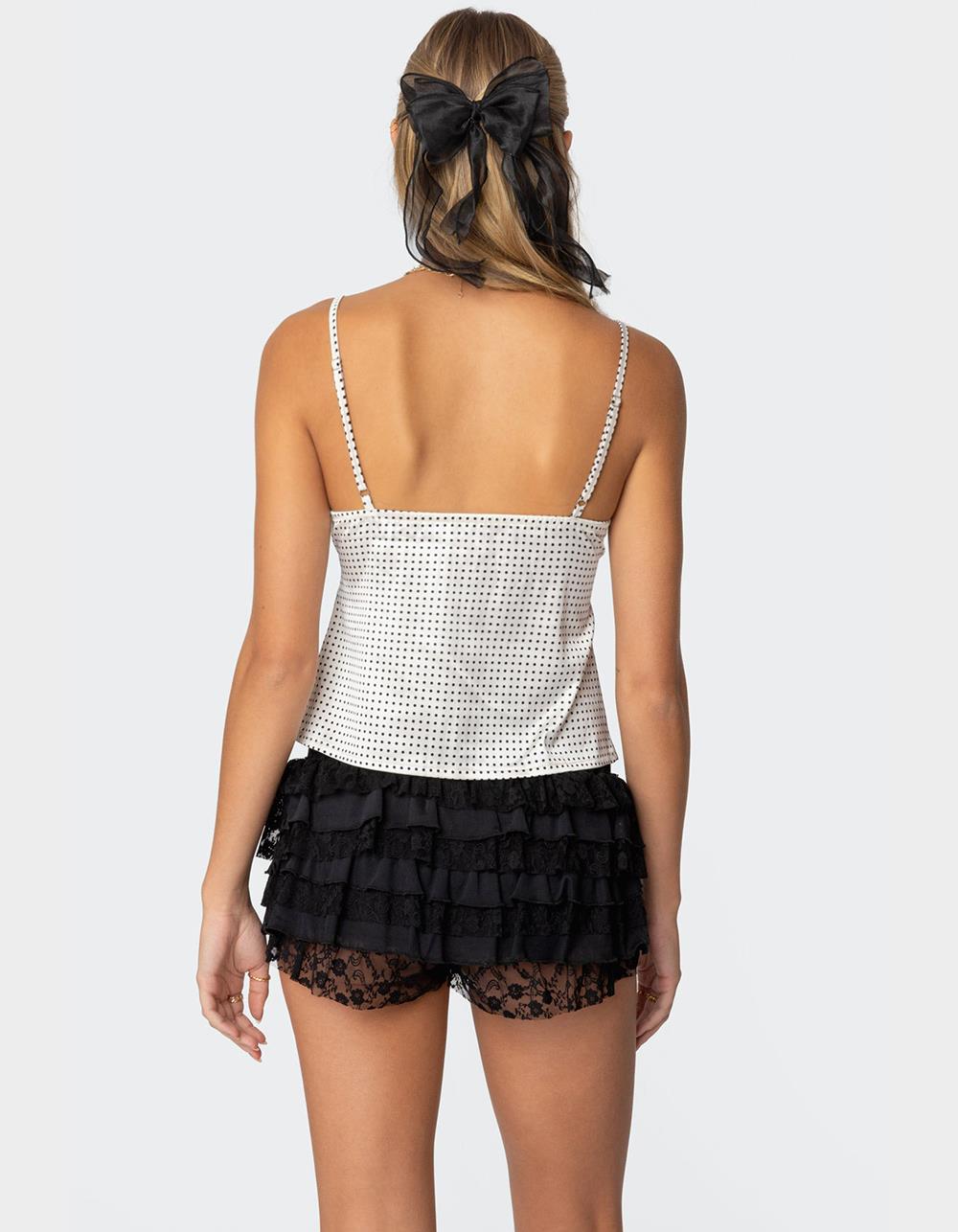 EDIKTED Polka Dot Satin Lace Trim Top - BEIGE