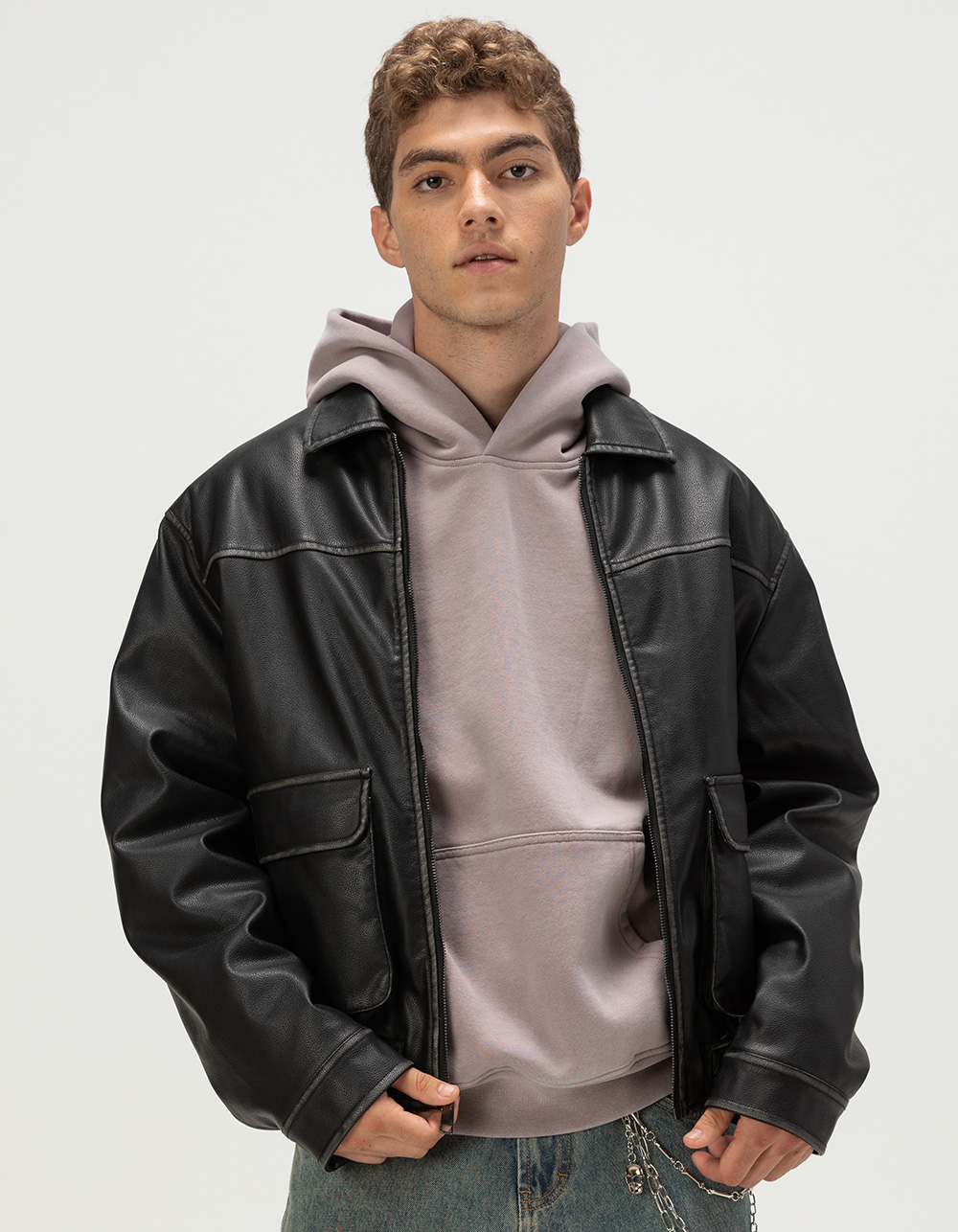 RSQ Mens Oversized Vegan Leather Bomber Jacket - WASHED BLACK