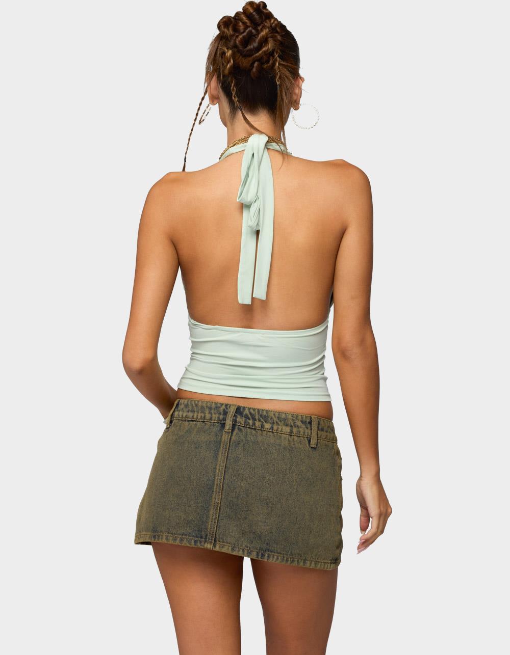 EDIKTED Sequin Plunge Neck Halter Top - DK GREEN