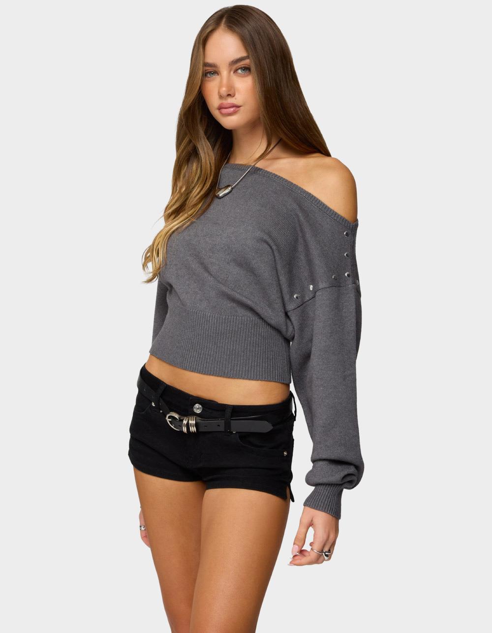 EDIKTED Doro Studded Off Shoulder Sweater - GRAY