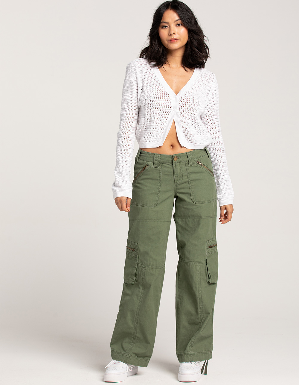 RSQ Womens Low Rise Overdye Cargo Zipper Pants OLIVE Tillys