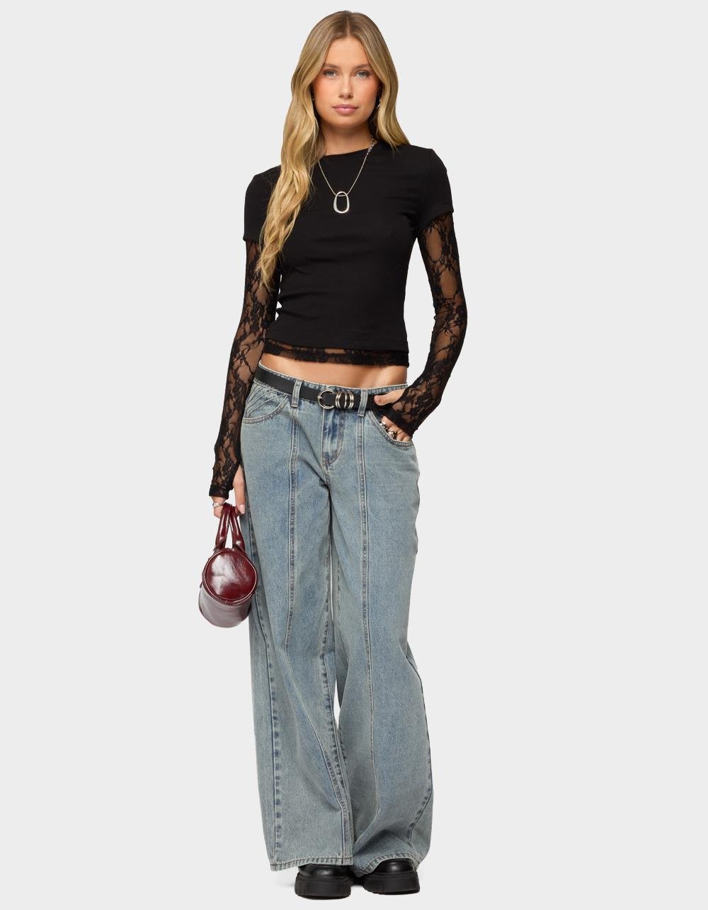 EDIKTED Layered Lace Sleeve Tee - BLACK