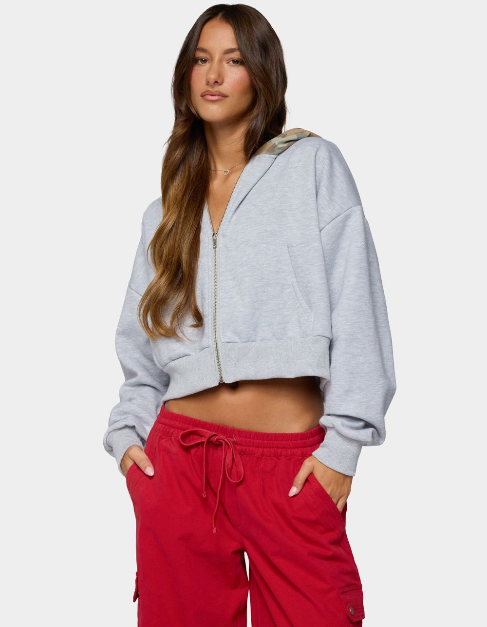 EDIKTED Graci Contrast Camo Zip Up Hoodie - LIGHT GRAY