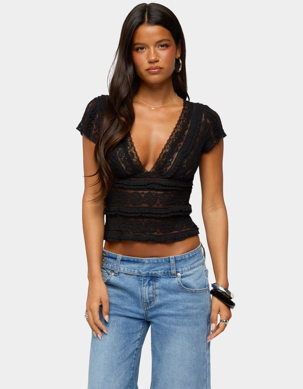 EDIKTED Avalee Sheer Lace V-Neck Top - BLACK