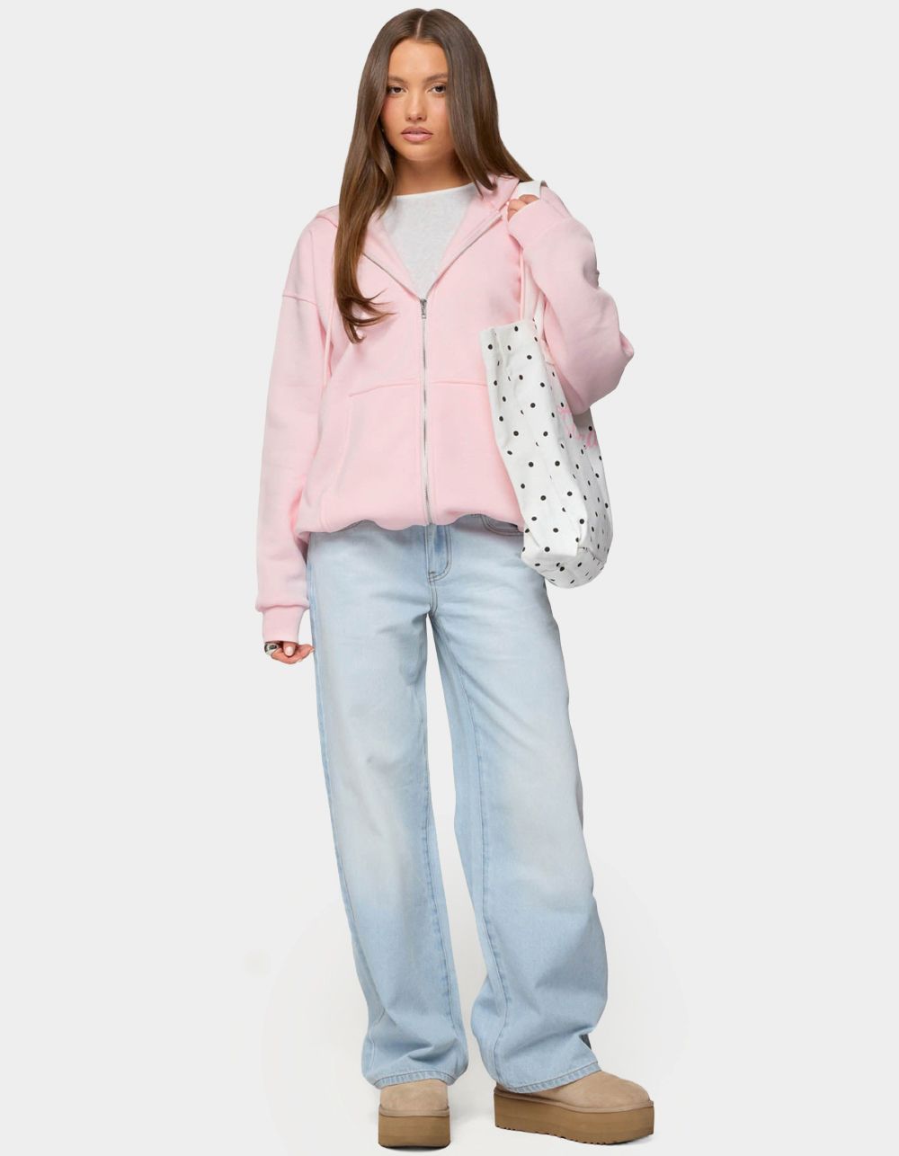 EDIKTED Rocia Oversized Zip Up Hoodie - LIGHT PINK