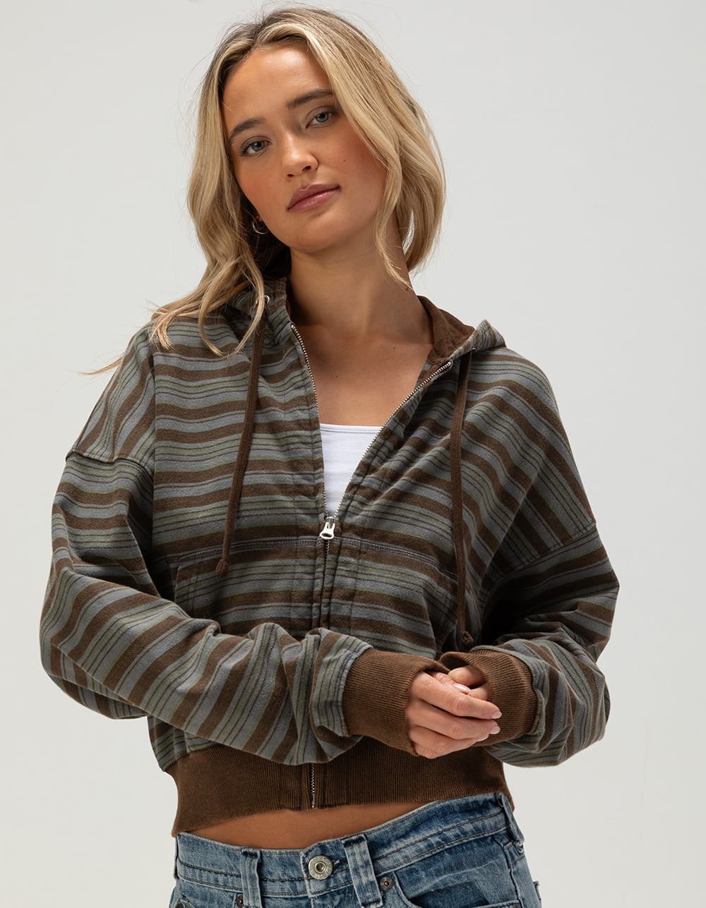 BDG Urban Outfitters Easy Womens Stripe Zip-Up Hoodie - BROWN COMBO