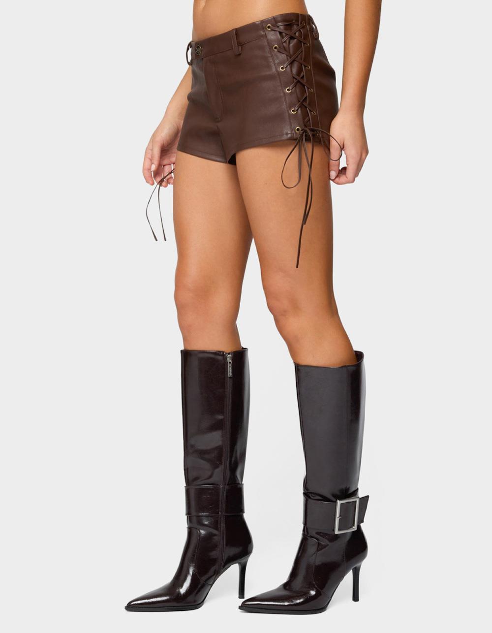 EDIKTED Kariss Lace Up Faux Leather Micro Shorts - BROWN