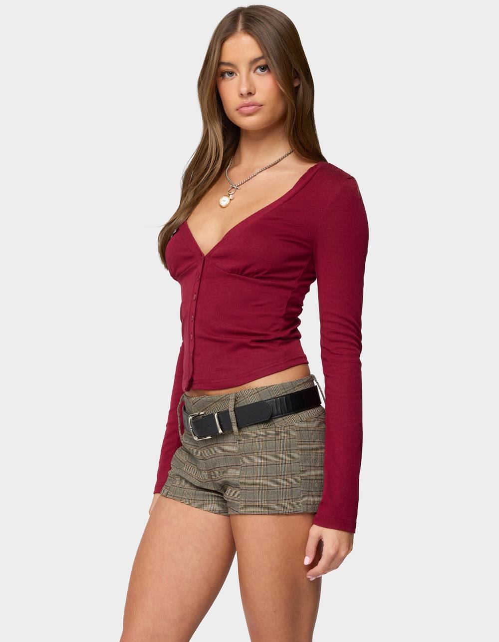 EDIKTED Charla V-Neck Button Up Top - DK RED