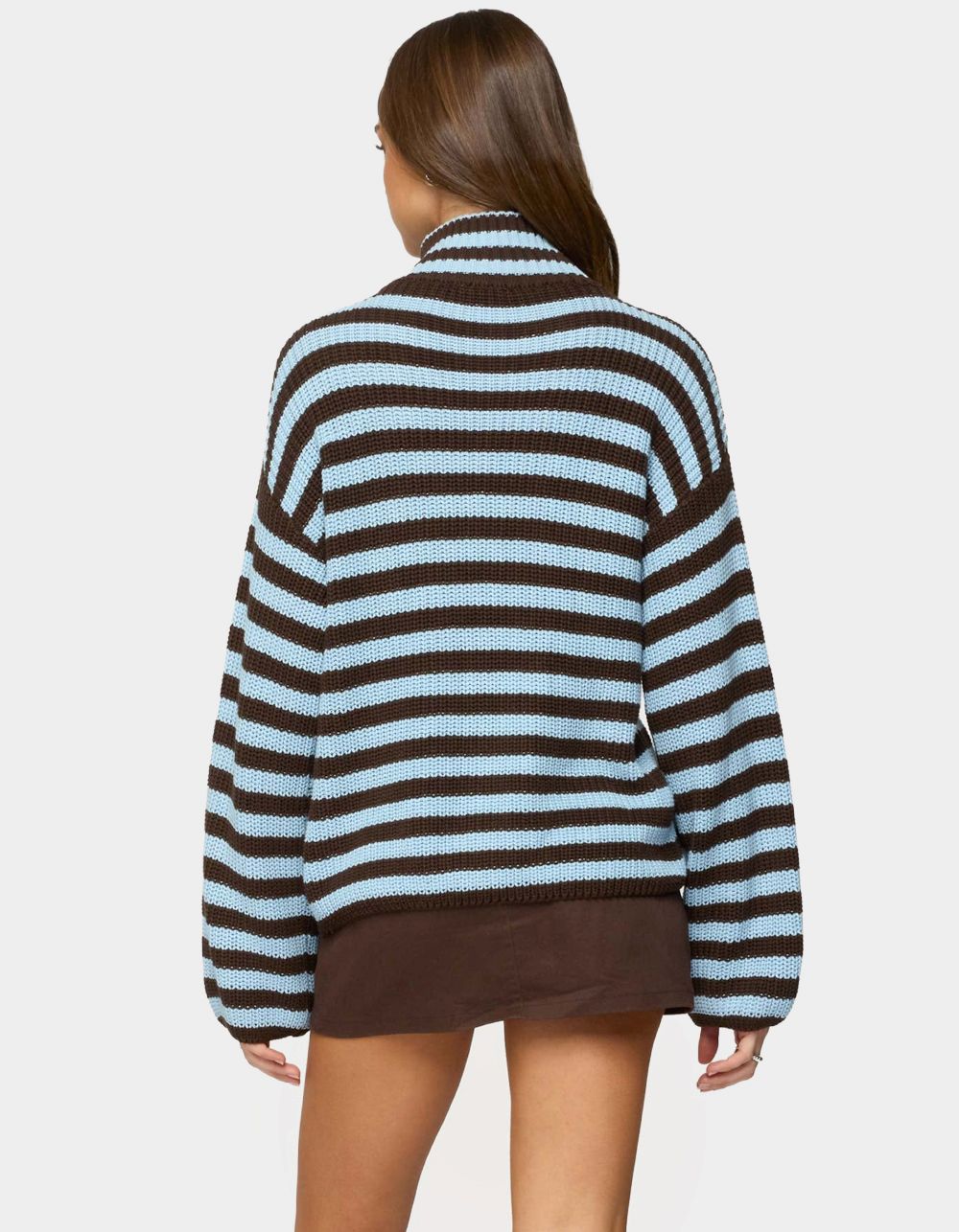 EDIKTED High Neck Striped Zip Up Sweater - BROWN