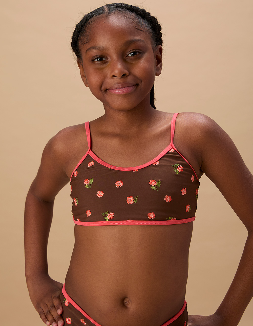 DAMSEL Lenn Embroidered Girls Bralette Bikini Set - BROWN