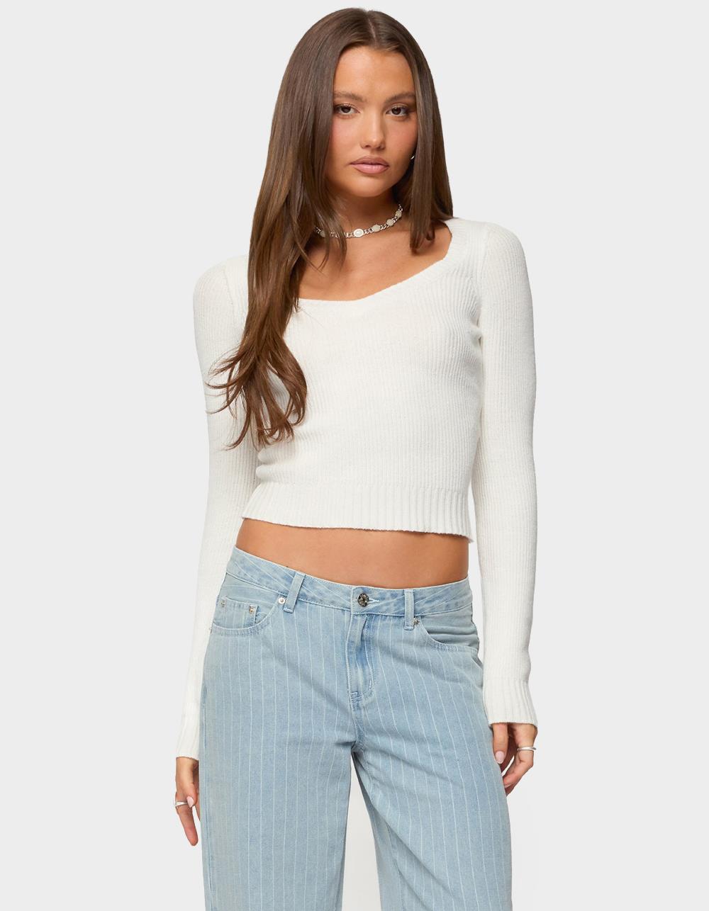 EDIKTED Maliah Ribbed Knit V-Neck Top - WHITE