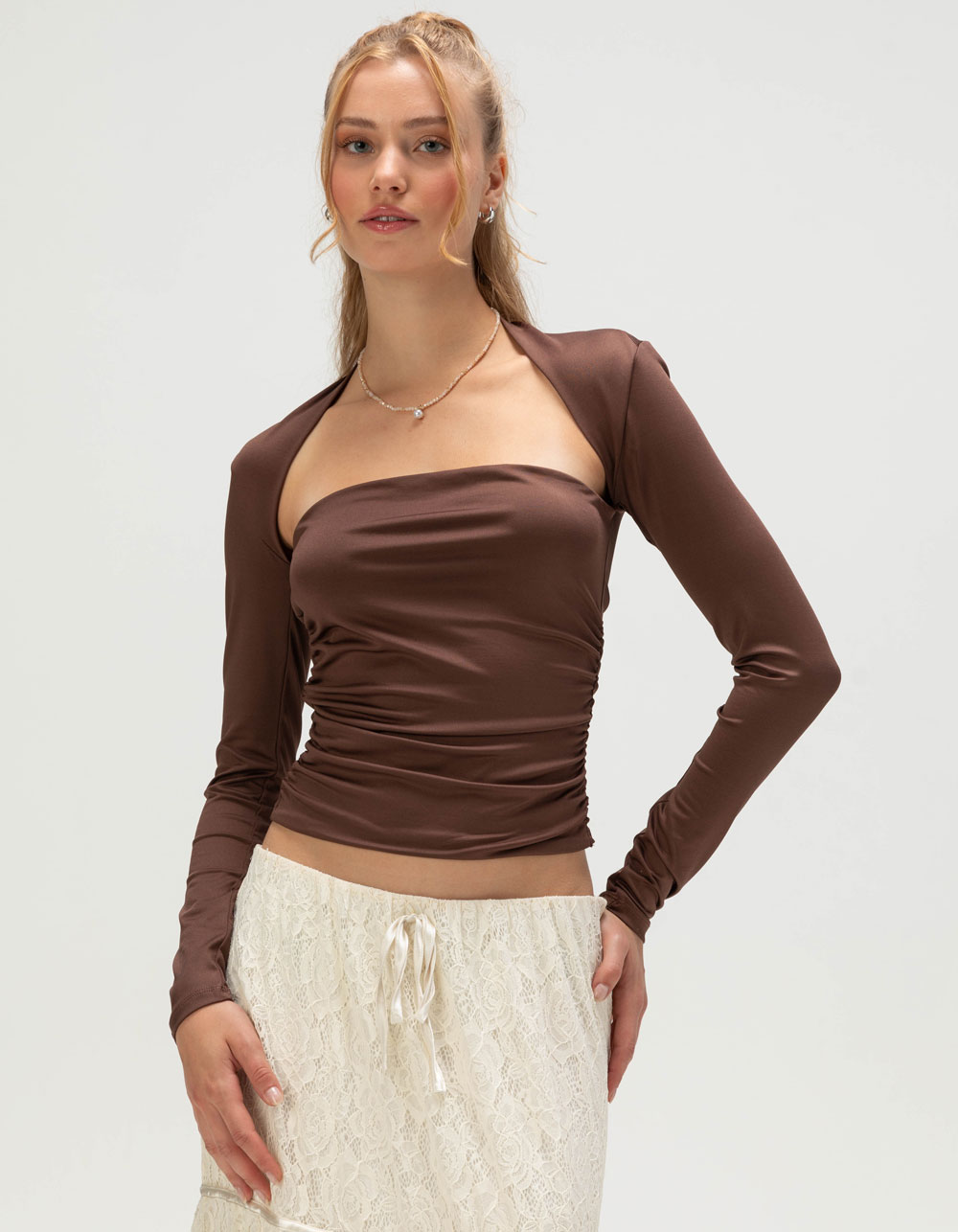 WEST OF MELROSE Womens Ruched Butter Soft Long Sleeve Top - BROWN