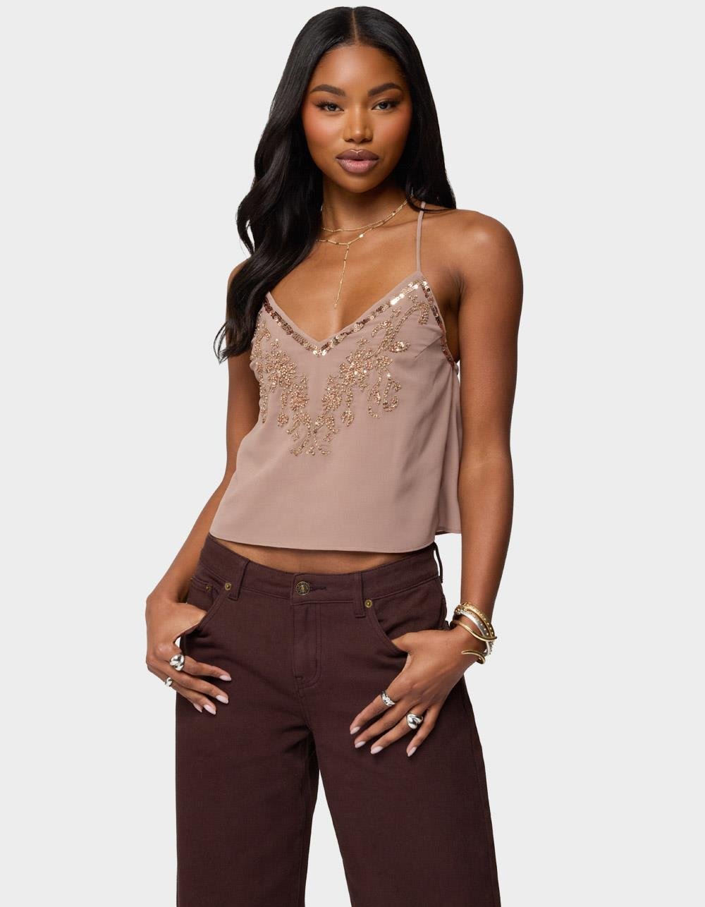 EDIKTED Sorina Embellished V-Neck Top - BROWN