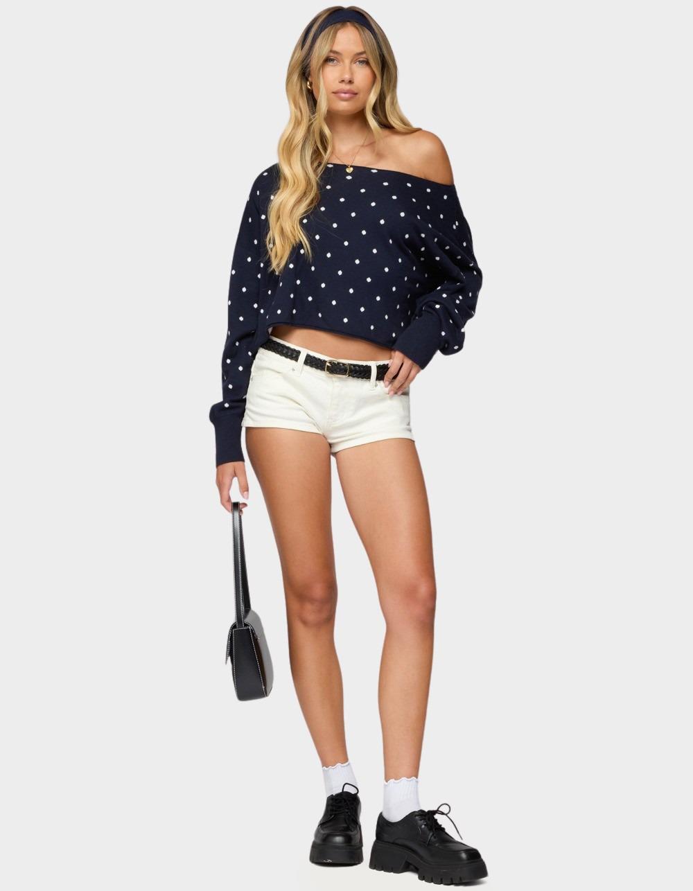 EDIKTED Oversized Off Shoulder Polka Dot Sweater - NAVY