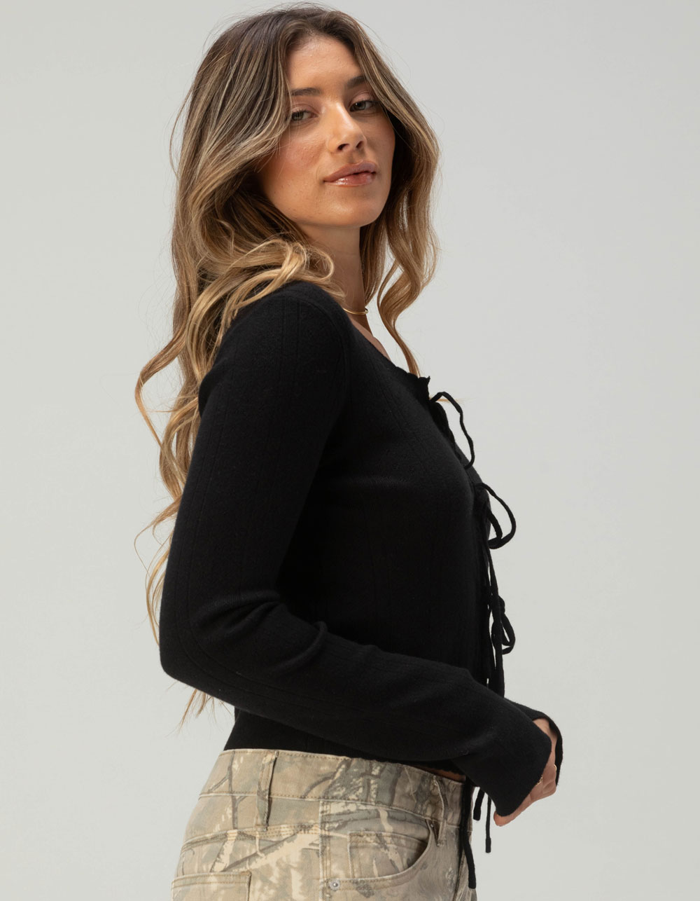 FULL TILT 3 Tie Front Womens Pointelle Cardigan
