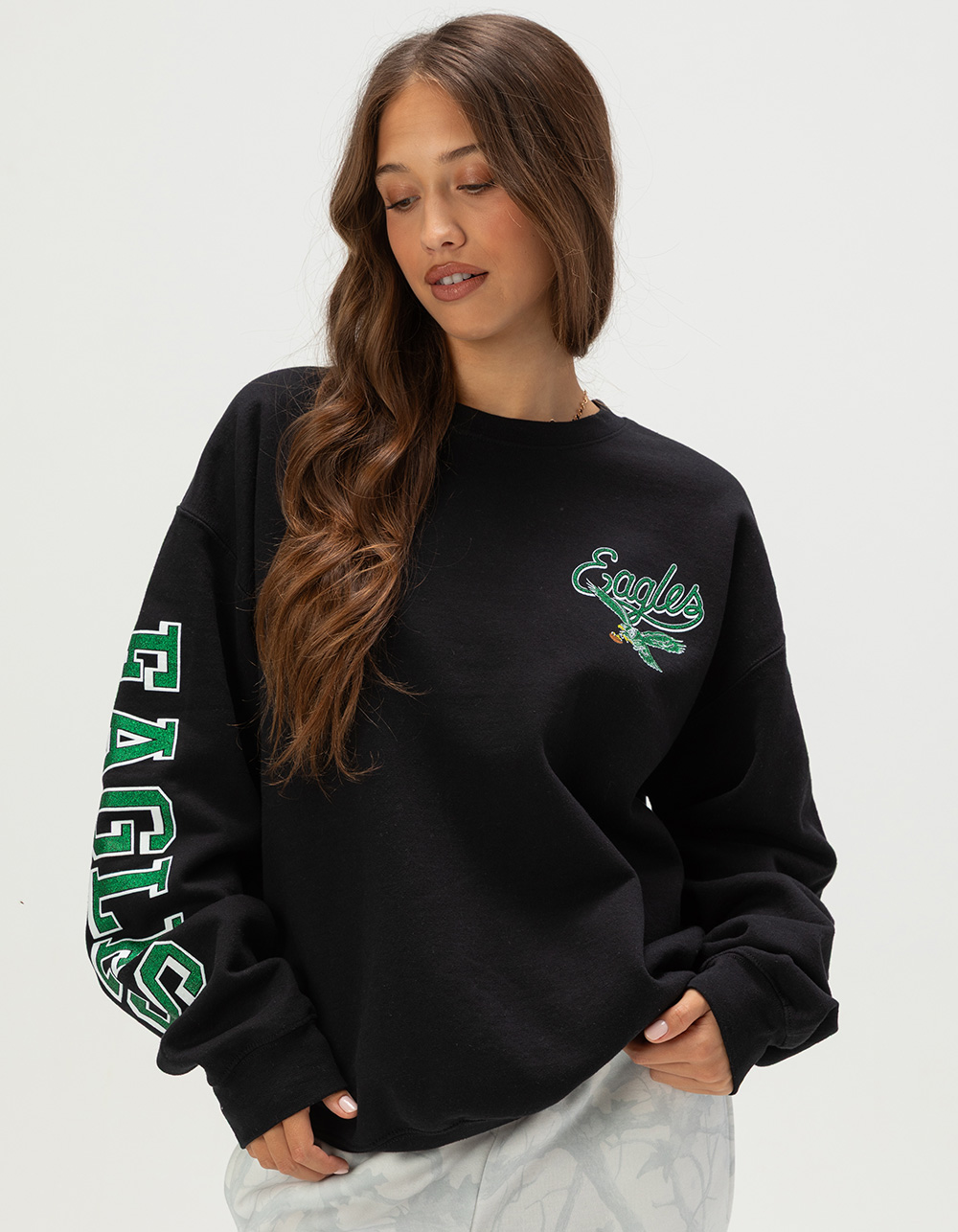JUNK FOOD Philadelphia Eagles Glitter Womens Crewneck Sweatshirt - BLACK
