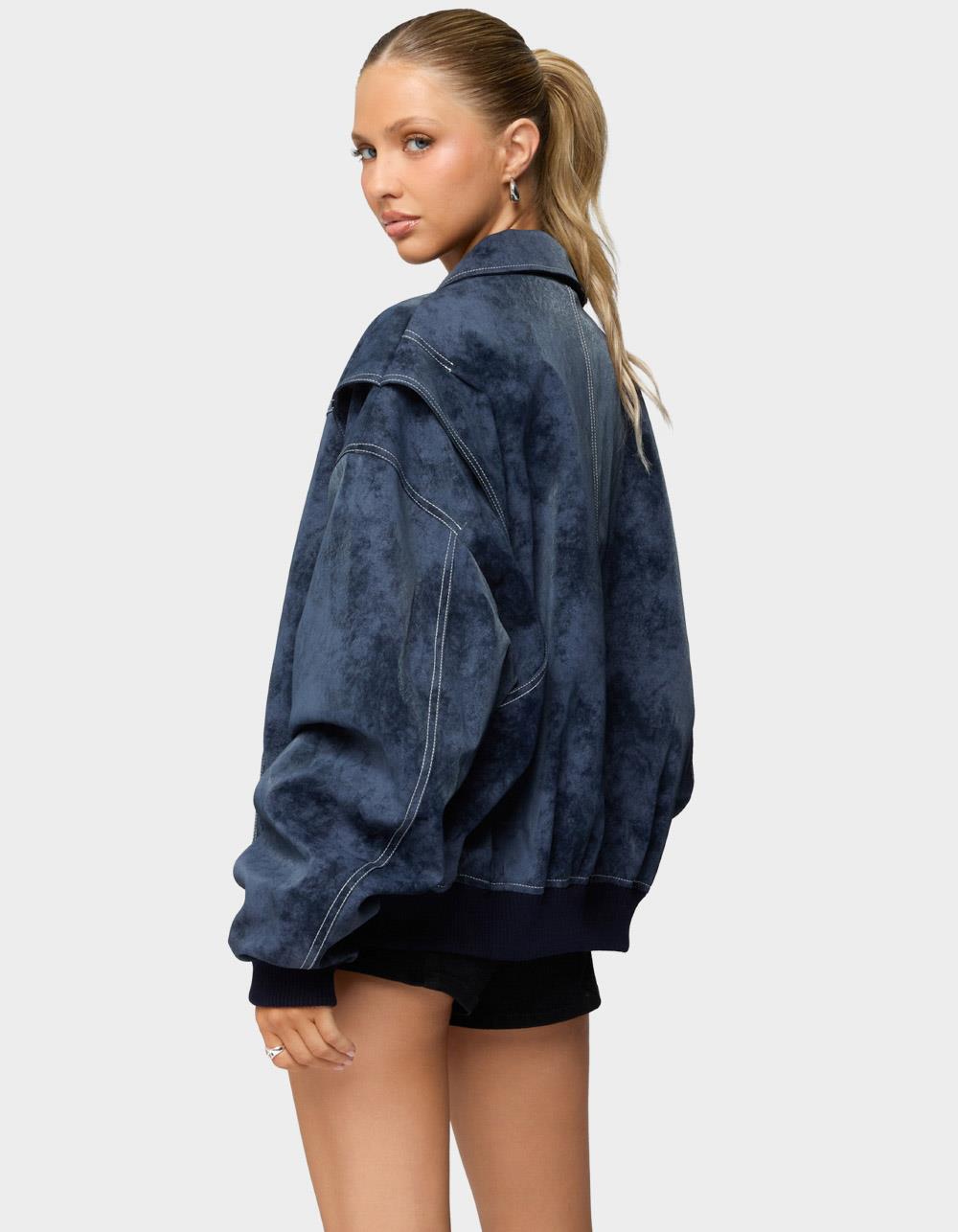 EDIKTED Ownley Oversized Faux Leather Bomber Jacket - NAVY