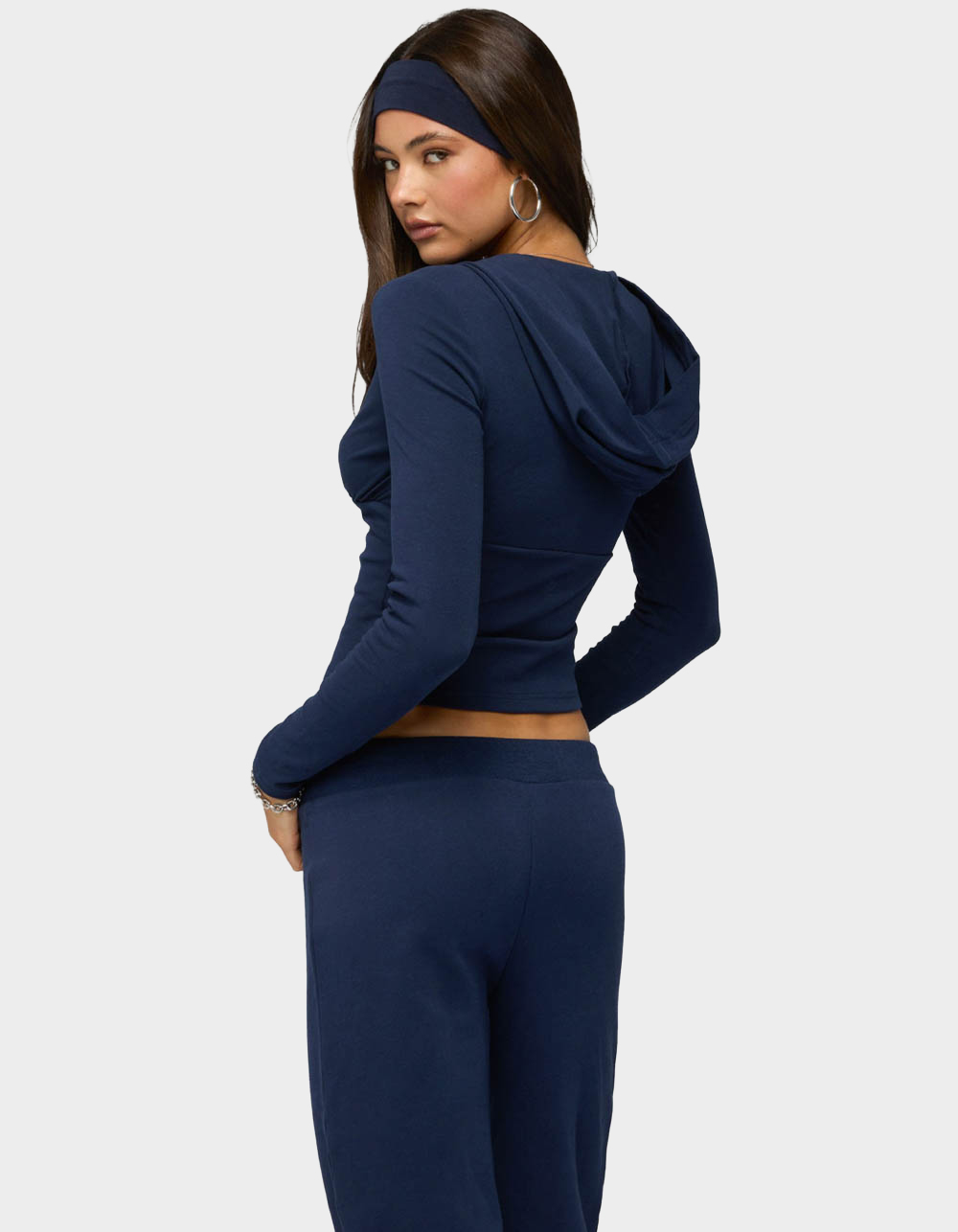 EDIKTED Natashah Hooded Long Sleeve Top - NAVY