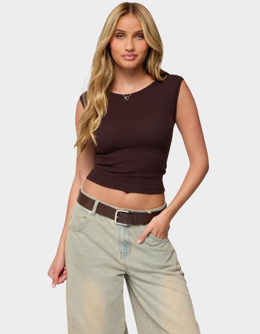 EDIKTED Jarah Pointelle Knit Boat Neck Top