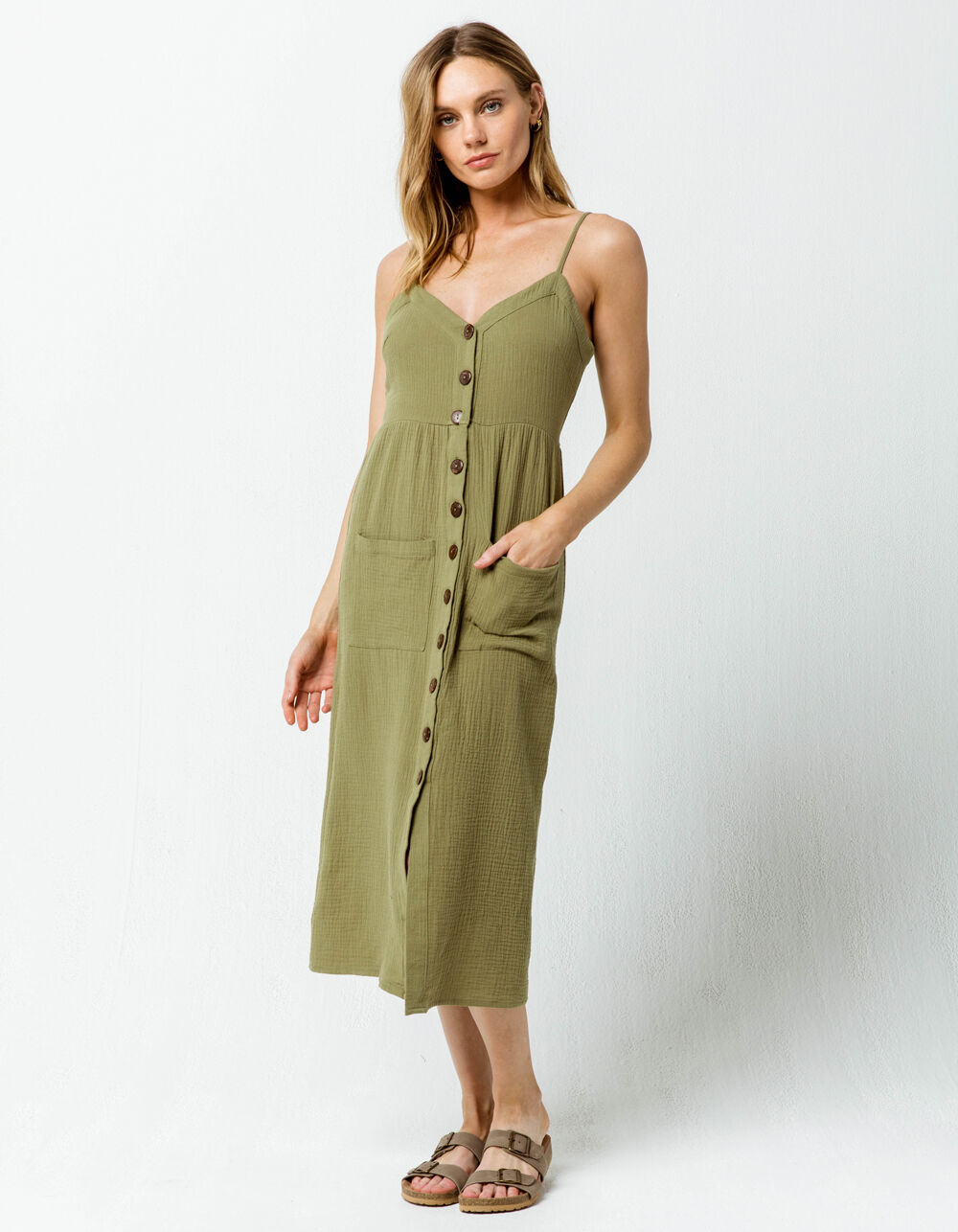 SKY AND SPARROW Button Front Olive Midi Dress - OLIVE | Tillys