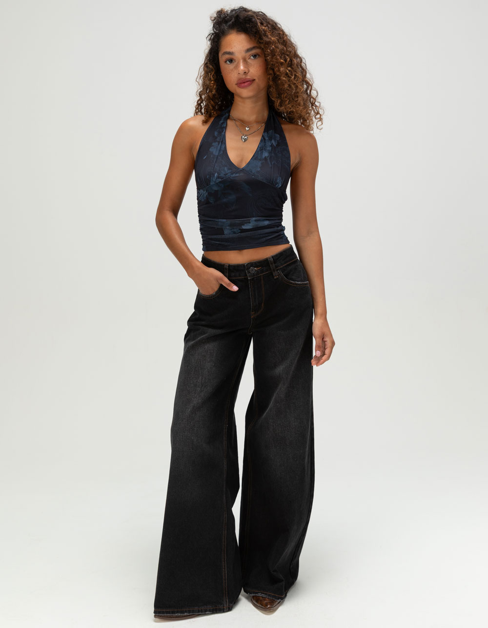 FULL TILT Floral Mesh Womens Halter Top - NAVY