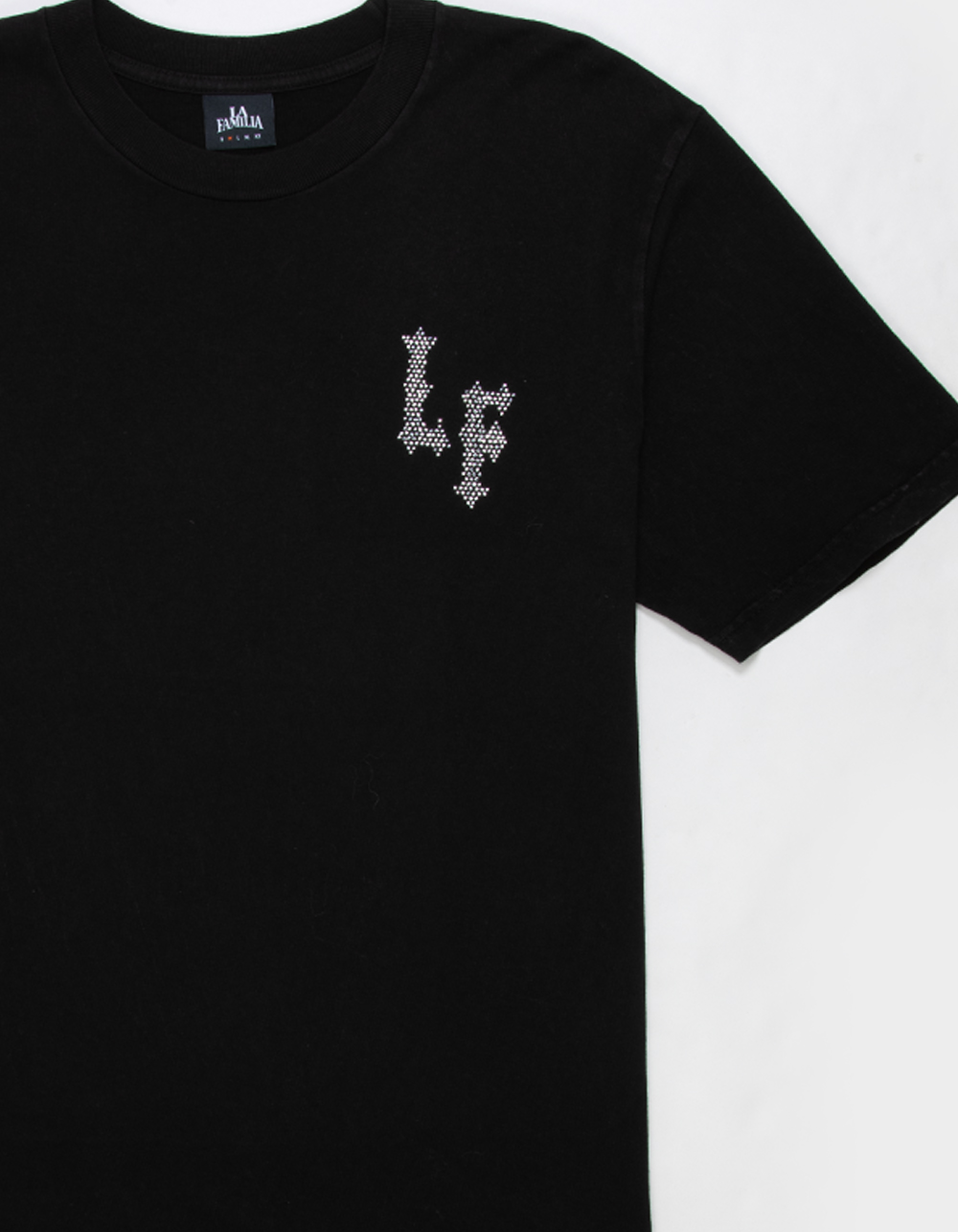 LA FAMILIA Prayer Hands Mens Rhinestone Boxy Tee - WASHED BLACK