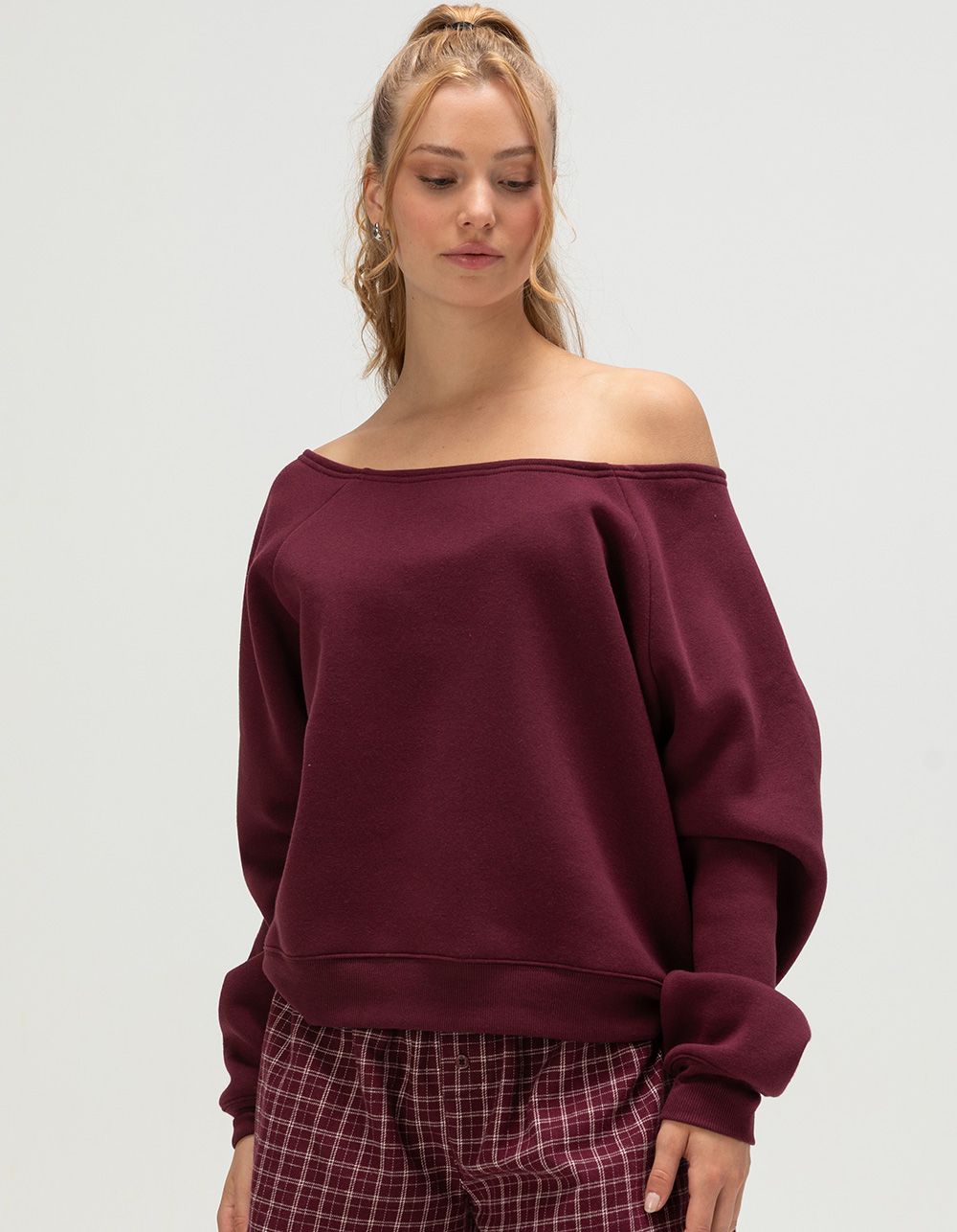 TILLYS Off The Shoulder Womens Sweatshirt - FIG