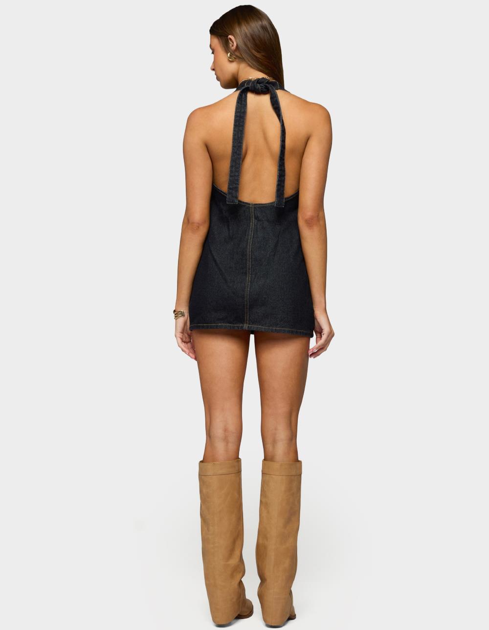 EDIKTED Destinee Denim Halter Mini Dress - DARK BLUE