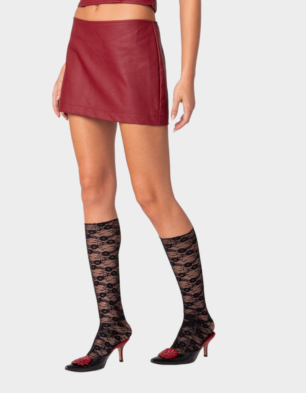 EDIKTED Aster Faux Leather Mini Skirt - DK RED