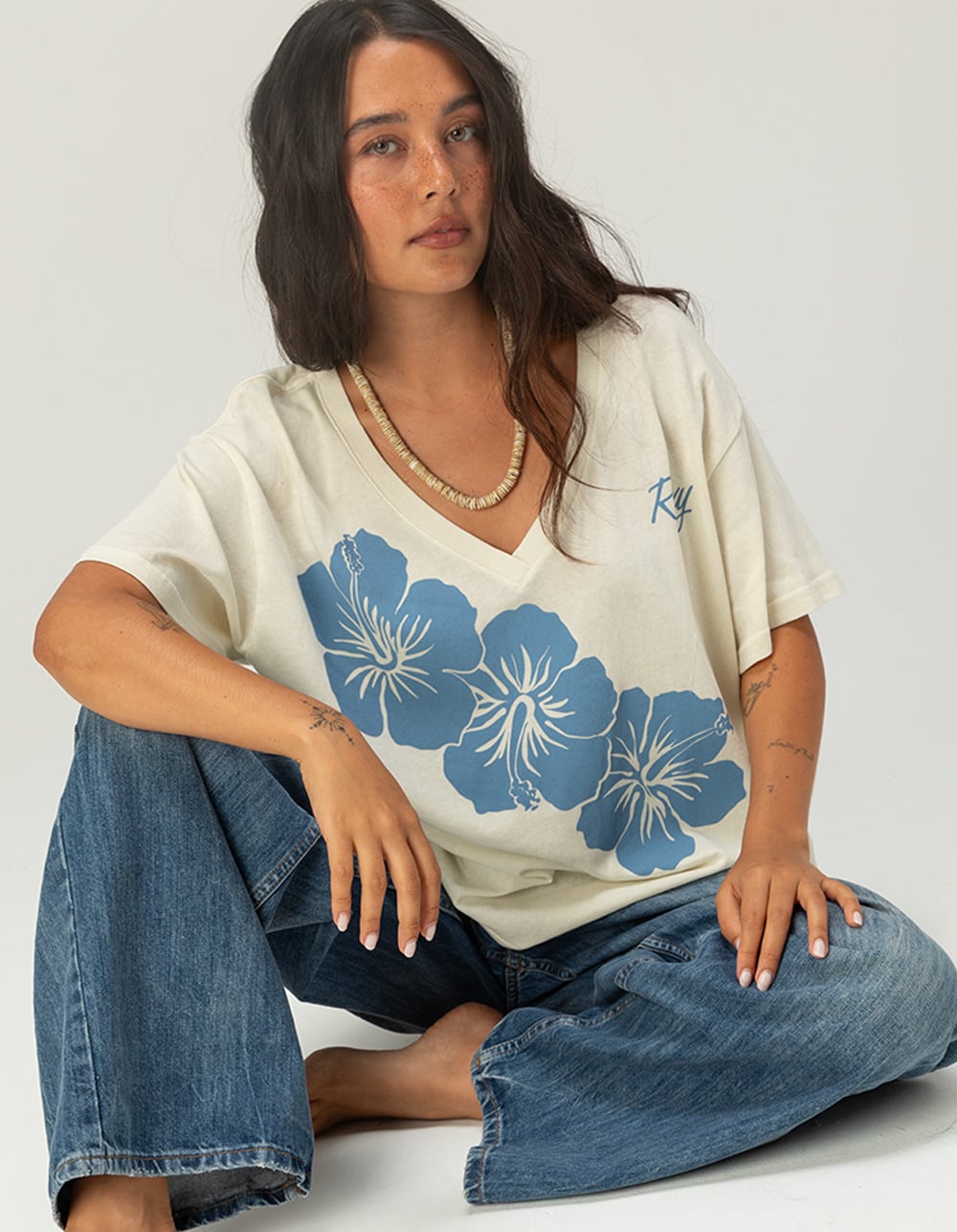ROXY Hibiscus Womens Oversized V-Neck Tee - WHITE