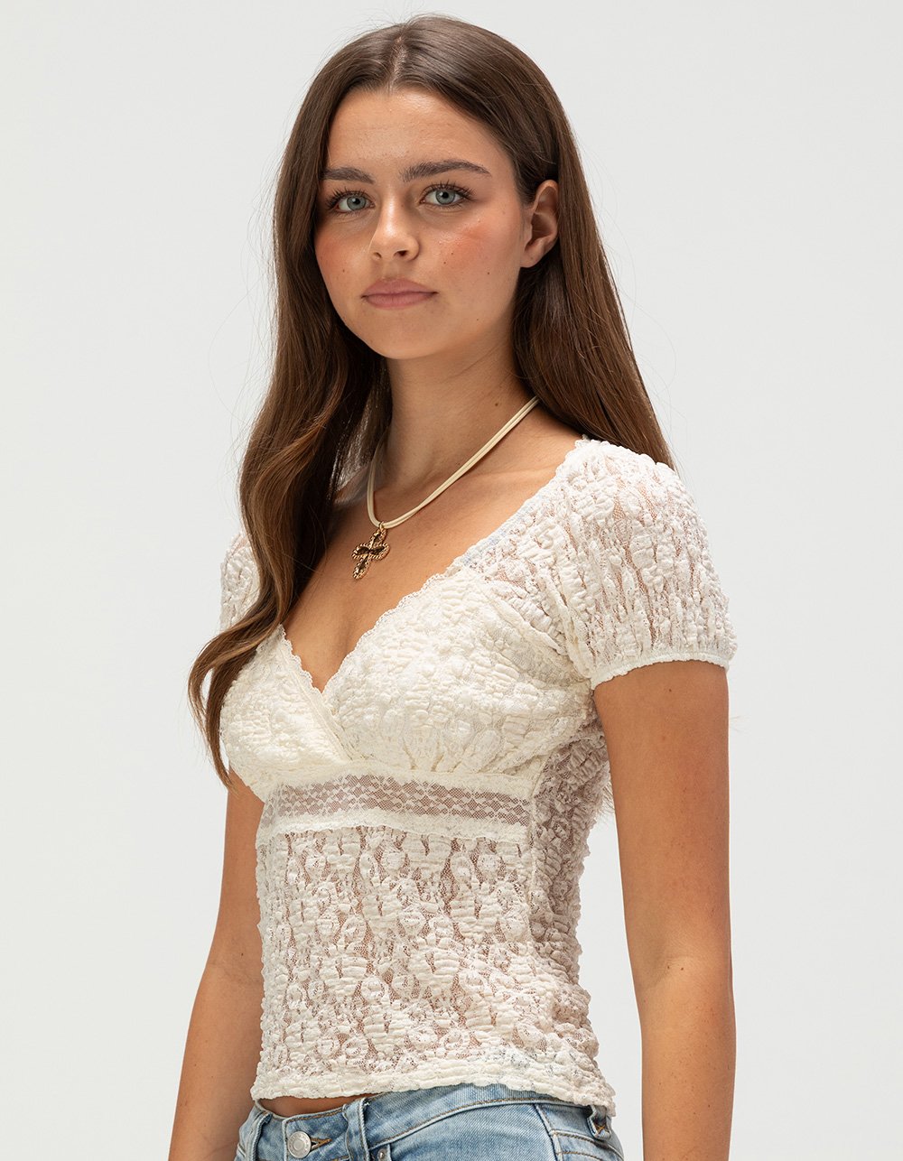 FULL TILT Womens Lace Top - CREAM