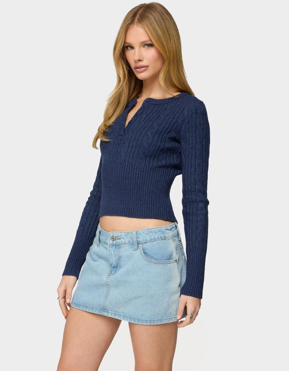 EDIKTED Hadliee Cable Knit Henley Top - NAVY
